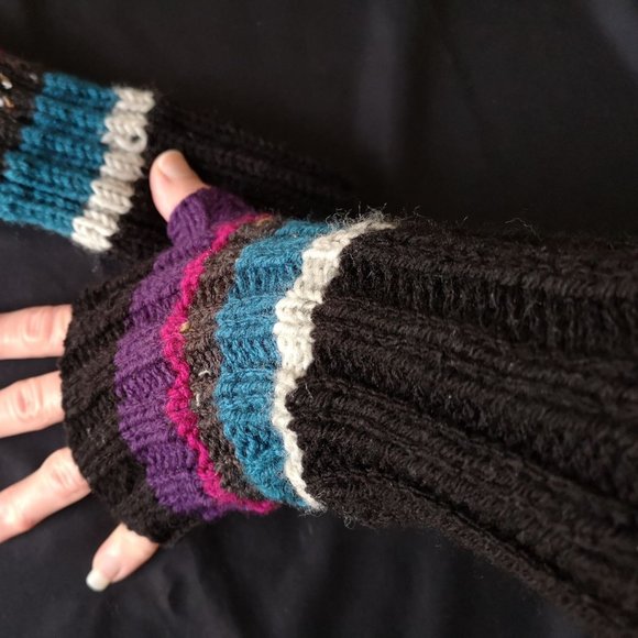 Striped Vagabond Multicolor Knit Fingerless Gloves ArmWarmer Product of Canada - Picture 4 of 5